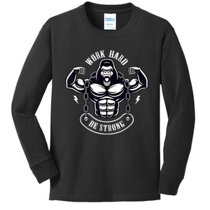 Work Hard be Strong Gorilla Silverback Monkey Ape Gift Kids Long Sleeve Shirt