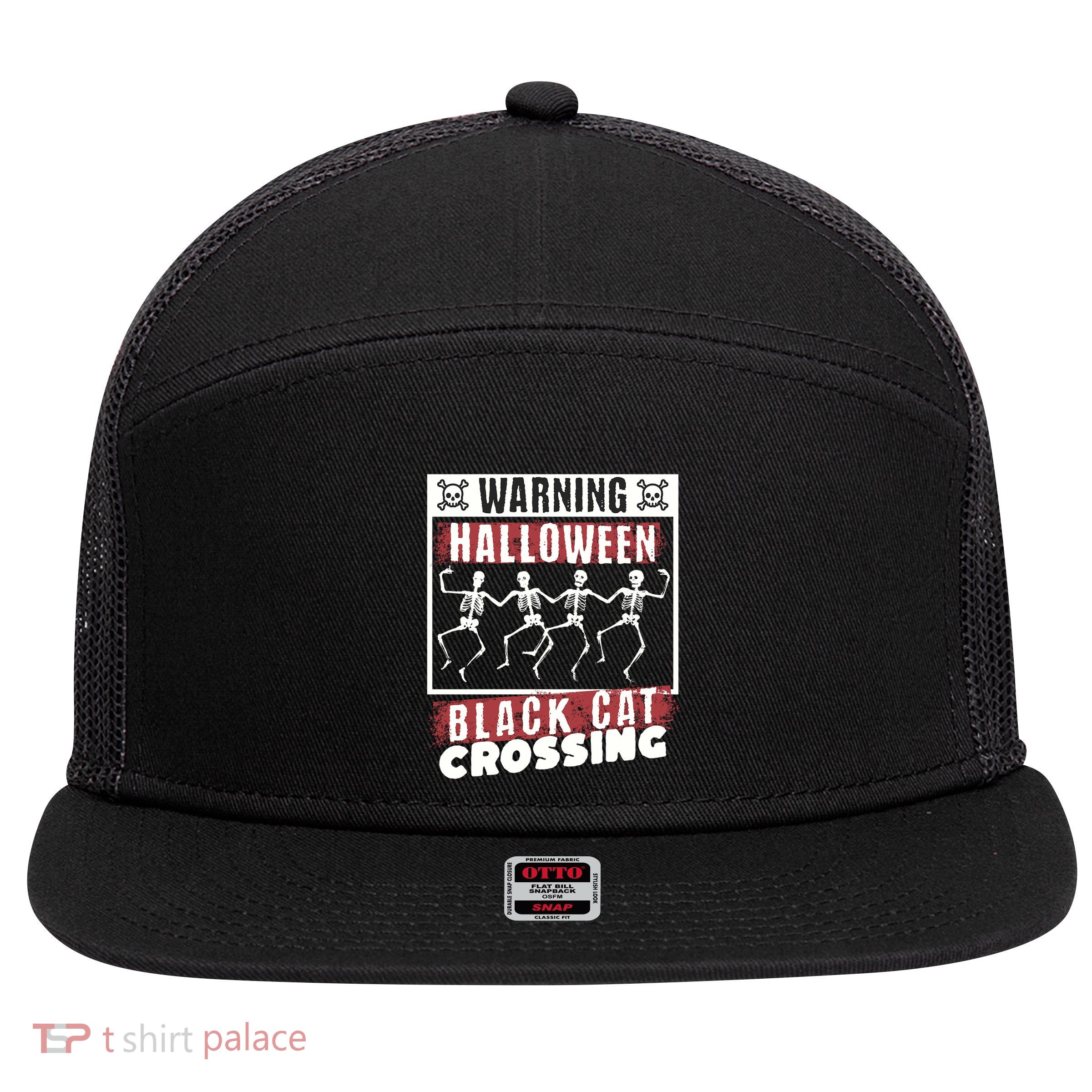 Warning Halloween Black Cat Crossing Dancing Skeletons Gift 7 Panel Mesh Trucker Snapback Hat
