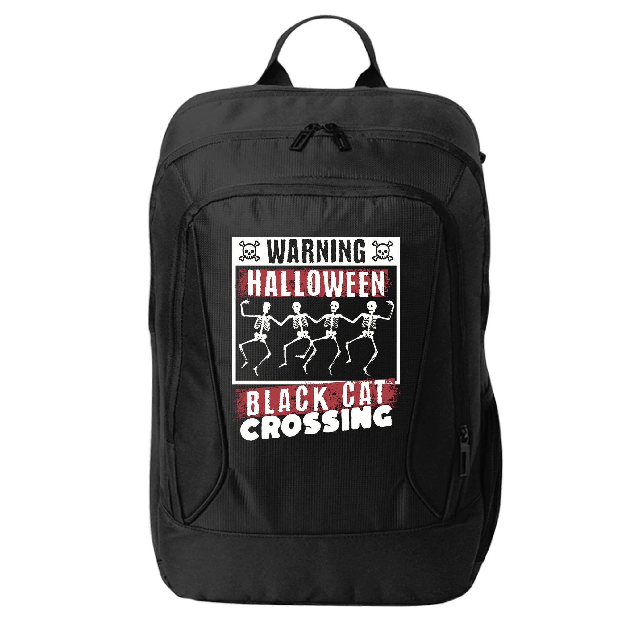 Warning Halloween Black Cat Crossing Dancing Skeletons Gift City Backpack