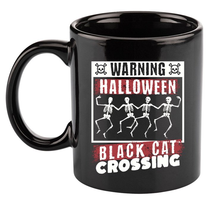 Warning Halloween Black Cat Crossing Dancing Skeletons Gift 11oz C Handle Ceramic Mug