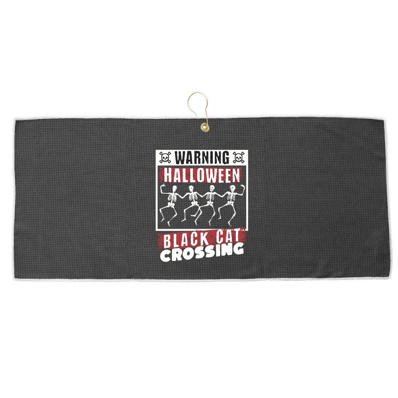Warning Halloween Black Cat Crossing Dancing Skeletons Gift Large Microfiber Waffle Golf Towel