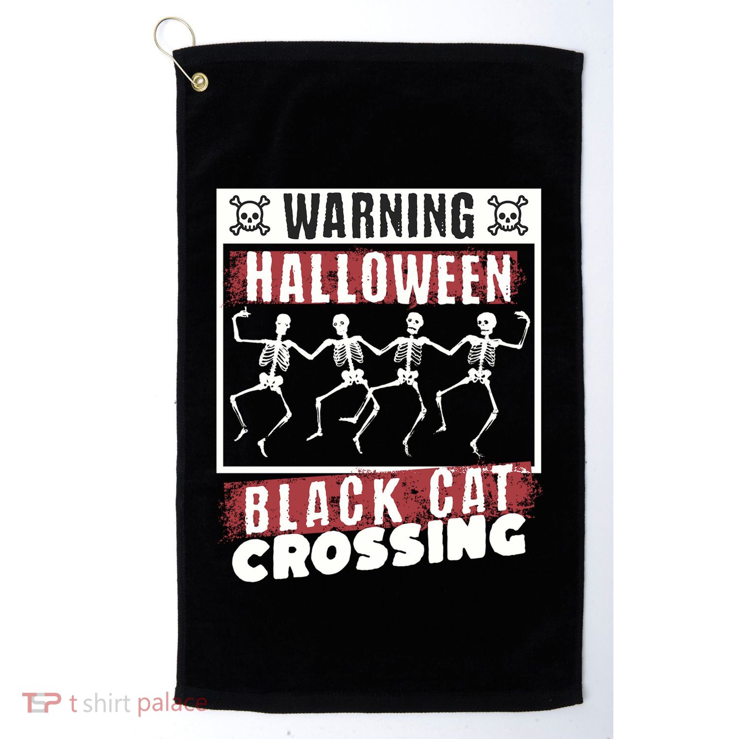 Warning Halloween Black Cat Crossing Dancing Skeletons Gift Golf Towel