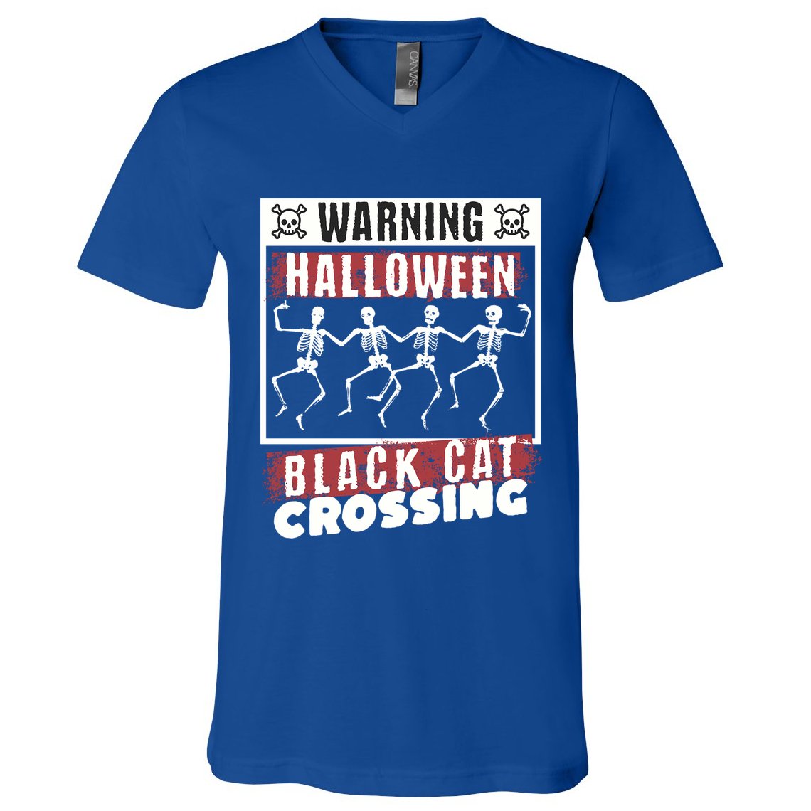 Warning Halloween Black Cat Crossing Dancing Skeletons Gift V-Neck T-Shirt