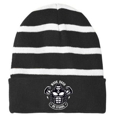 Work Hard Be Strong Gorilla Silverback Monkey Ape Gift Striped Beanie with Solid Band