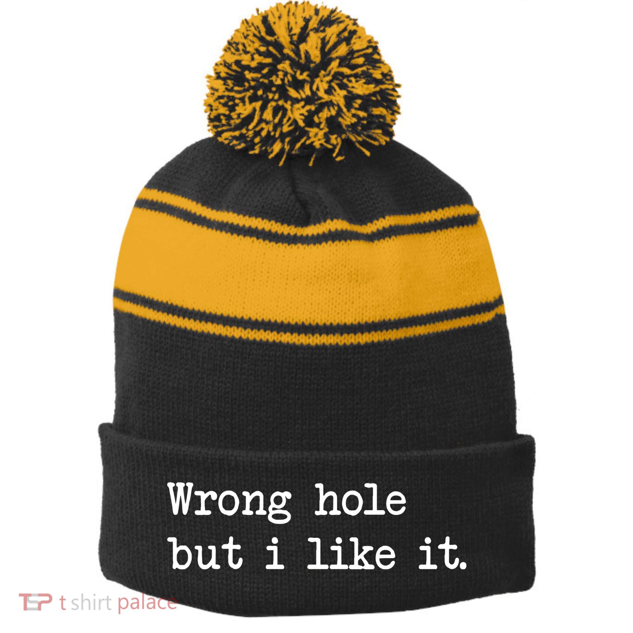 Wrong Hole But I Like It Funny Sayings Adult Humor Stripe Pom Pom Beanie