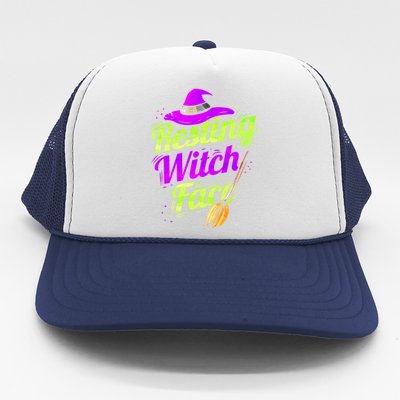 Witch Hat Broom Halloween Resting Witch Face Gift Trucker Hat