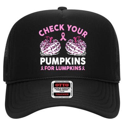 Women Halloween Check Your Pumpkins Breast Cancer Awareness Gift High Crown Mesh Back Trucker Hat