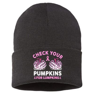 Women Halloween Check Your Pumpkins Breast Cancer Awareness Gift Sustainable Knit Beanie