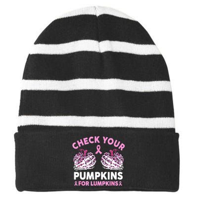 Women Halloween Check Your Pumpkins Breast Cancer Awareness Gift Striped Beanie with Solid Band