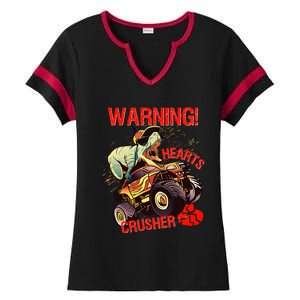 Warning Hearts Crusher T Rex Dinosaur Riding Monster Truck Great Gift Ladies Halftime Notch Neck Tee