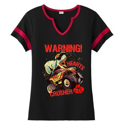 Warning Hearts Crusher T Rex Dinosaur Riding Monster Truck Great Gift Ladies Halftime Notch Neck Tee