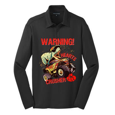 Warning Hearts Crusher T Rex Dinosaur Riding Monster Truck Great Gift Silk Touch Performance Long Sleeve Polo