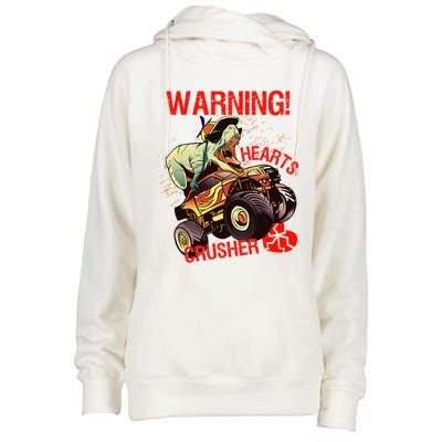 Warning Hearts Crusher T Rex Dinosaur Riding Monster Truck Great Gift Womens Funnel Neck Pullover Hood