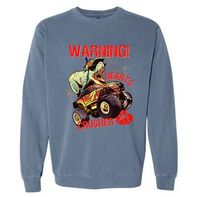 Warning Hearts Crusher T Rex Dinosaur Riding Monster Truck Great Gift Garment-Dyed Sweatshirt