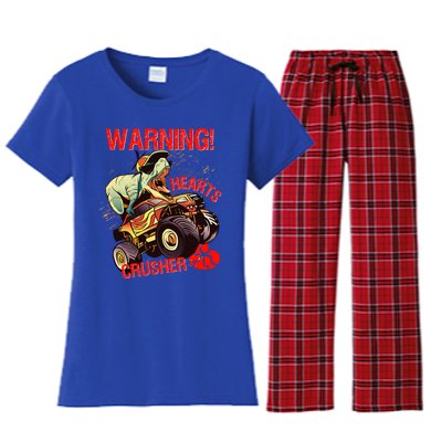 Warning Hearts Crusher T Rex Dinosaur Riding Monster Truck Great Gift Women's Flannel Pajama Set