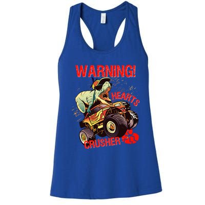 Warning Hearts Crusher T Rex Dinosaur Riding Monster Truck Great Gift Women's Racerback Tank