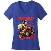 Warning Hearts Crusher T Rex Dinosaur Riding Monster Truck Great Gift Women's V-Neck T-Shirt