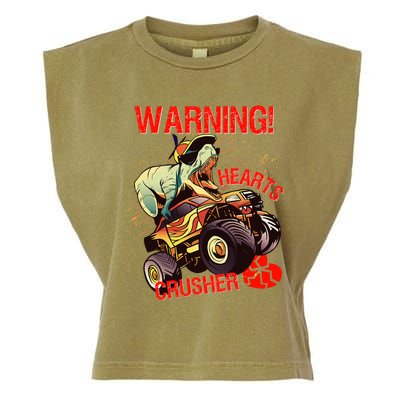 Warning Hearts Crusher T Rex Dinosaur Riding Monster Truck Great Gift Garment-Dyed Women's Muscle Tee