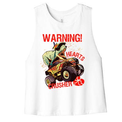 Warning Hearts Crusher T Rex Dinosaur Riding Monster Truck Great Gift Women's Racerback Cropped Tank