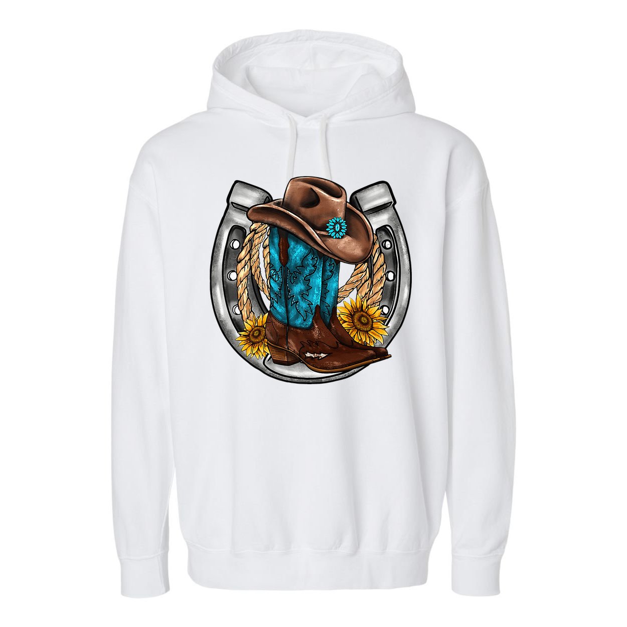 Western Horseshoe Cowboy Boots Hat Rope Sunflower Rodeo Dad Garment-Dyed Fleece Hoodie