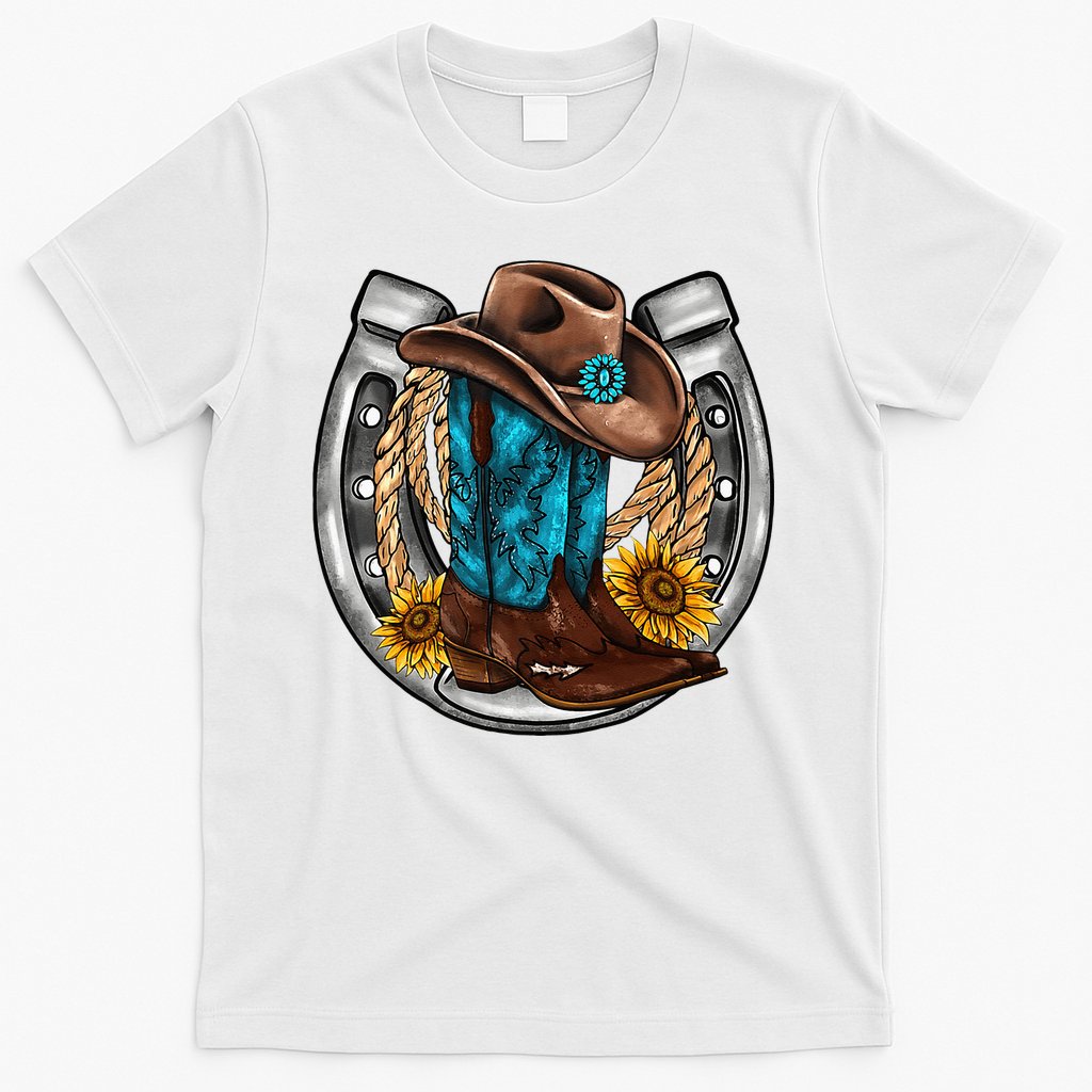 Western Horseshoe Cowboy Boots Hat Rope Sunflower Rodeo Dad T-Shirt