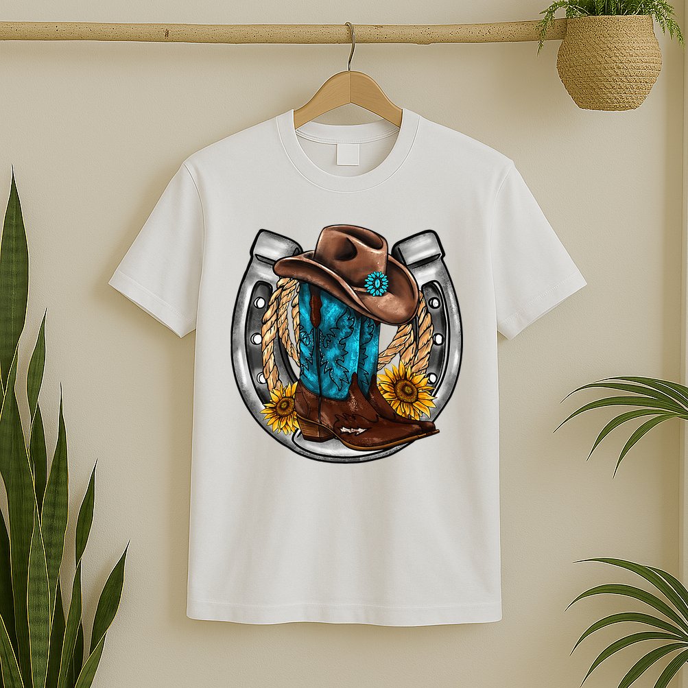 Western Horseshoe Cowboy Boots Hat Rope Sunflower Rodeo Dad T-Shirt