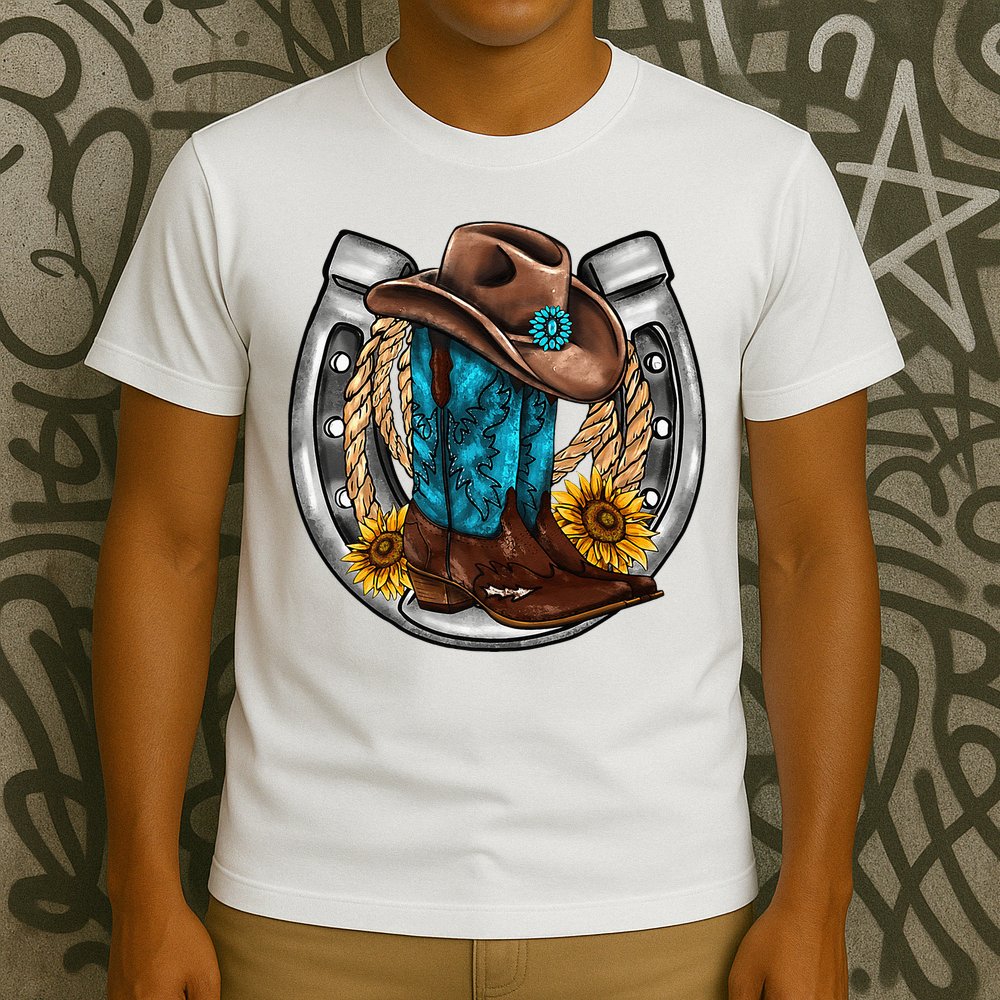 Western Horseshoe Cowboy Boots Hat Rope Sunflower Rodeo Dad T-Shirt
