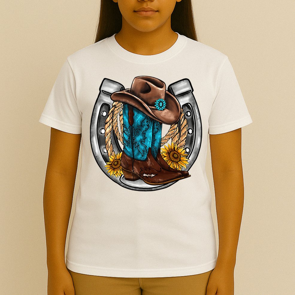 Western Horseshoe Cowboy Boots Hat Rope Sunflower Rodeo Dad T-Shirt