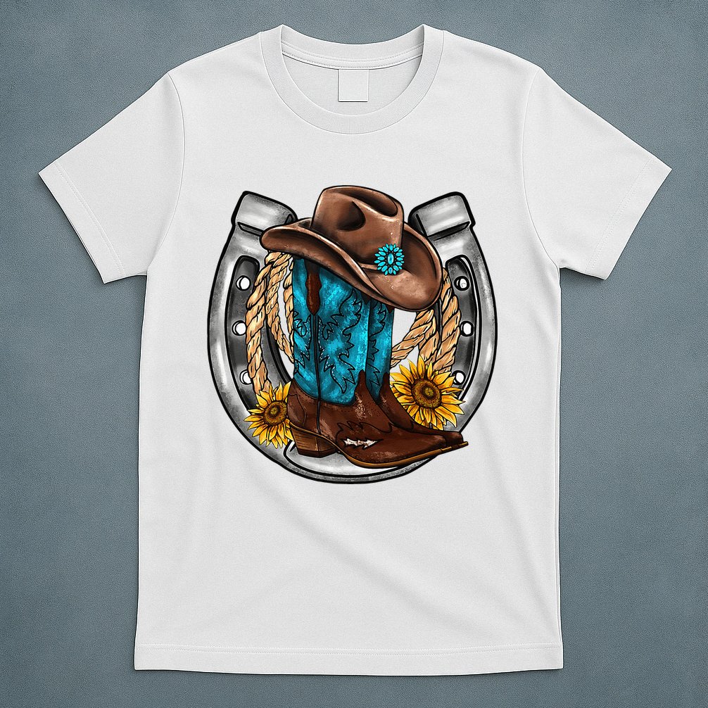 Western Horseshoe Cowboy Boots Hat Rope Sunflower Rodeo Dad T-Shirt