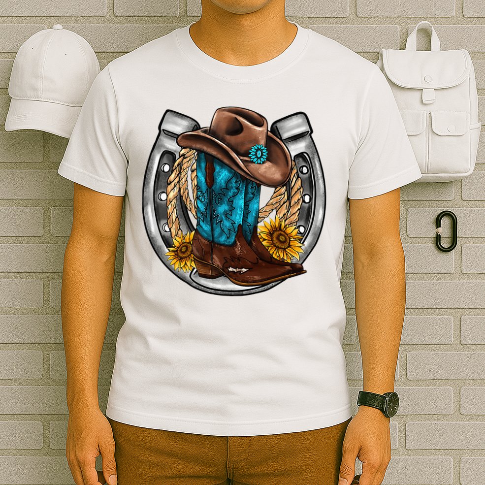 Western Horseshoe Cowboy Boots Hat Rope Sunflower Rodeo Dad T-Shirt