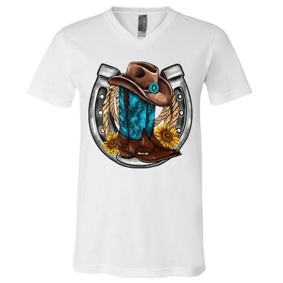 Western Horseshoe Cowboy Boots Hat Rope Sunflower Rodeo Dad V-Neck T-Shirt