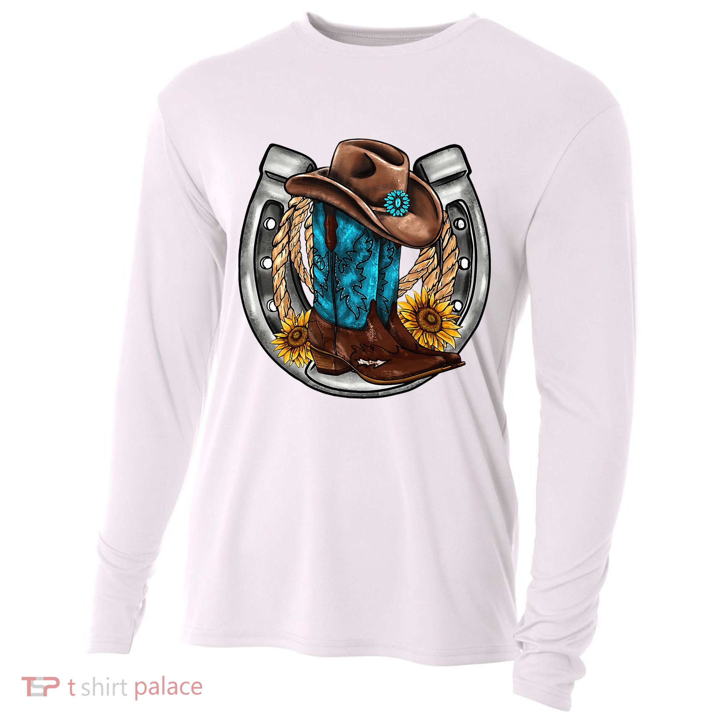 Western Horseshoe Cowboy Boots Hat Rope Sunflower Rodeo Dad Cooling Performance Long Sleeve Crew