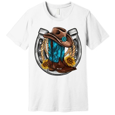 Western Horseshoe Cowboy Boots Hat Rope Sunflower Rodeo Dad Premium T-Shirt