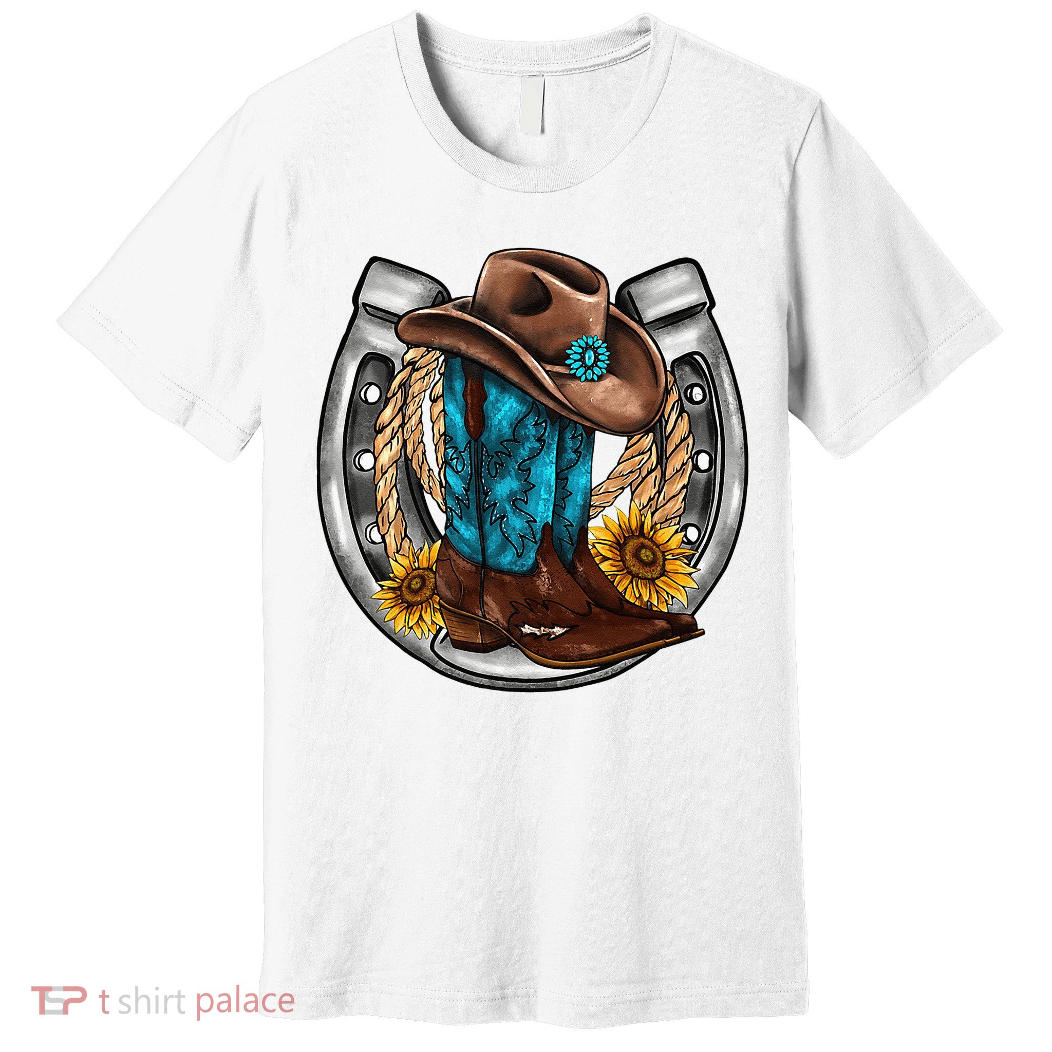 Western Horseshoe Cowboy Boots Hat Rope Sunflower Rodeo Dad Premium T-Shirt