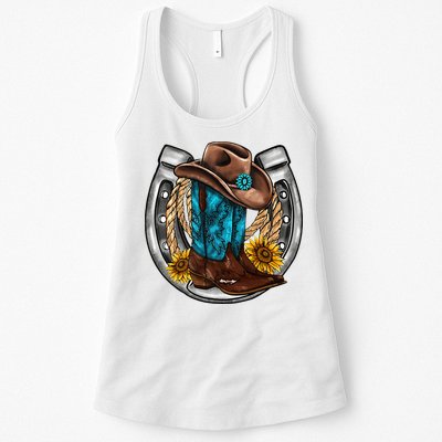Western Horseshoe Cowboy Boots Hat Rope Sunflower Rodeo Dad Womens Tank Top