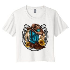 Western Horseshoe Cowboy Boots Hat Rope Sunflower Rodeo Dad Women's Crop Top Tee