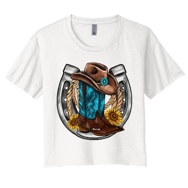 Western Horseshoe Cowboy Boots Hat Rope Sunflower Rodeo Dad Crop Top