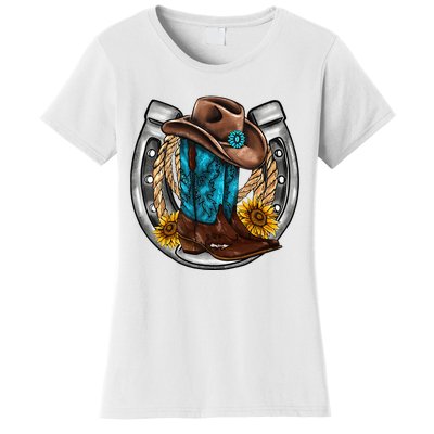 Western Horseshoe Cowboy Boots Hat Rope Sunflower Rodeo Dad Women's T-Shirt