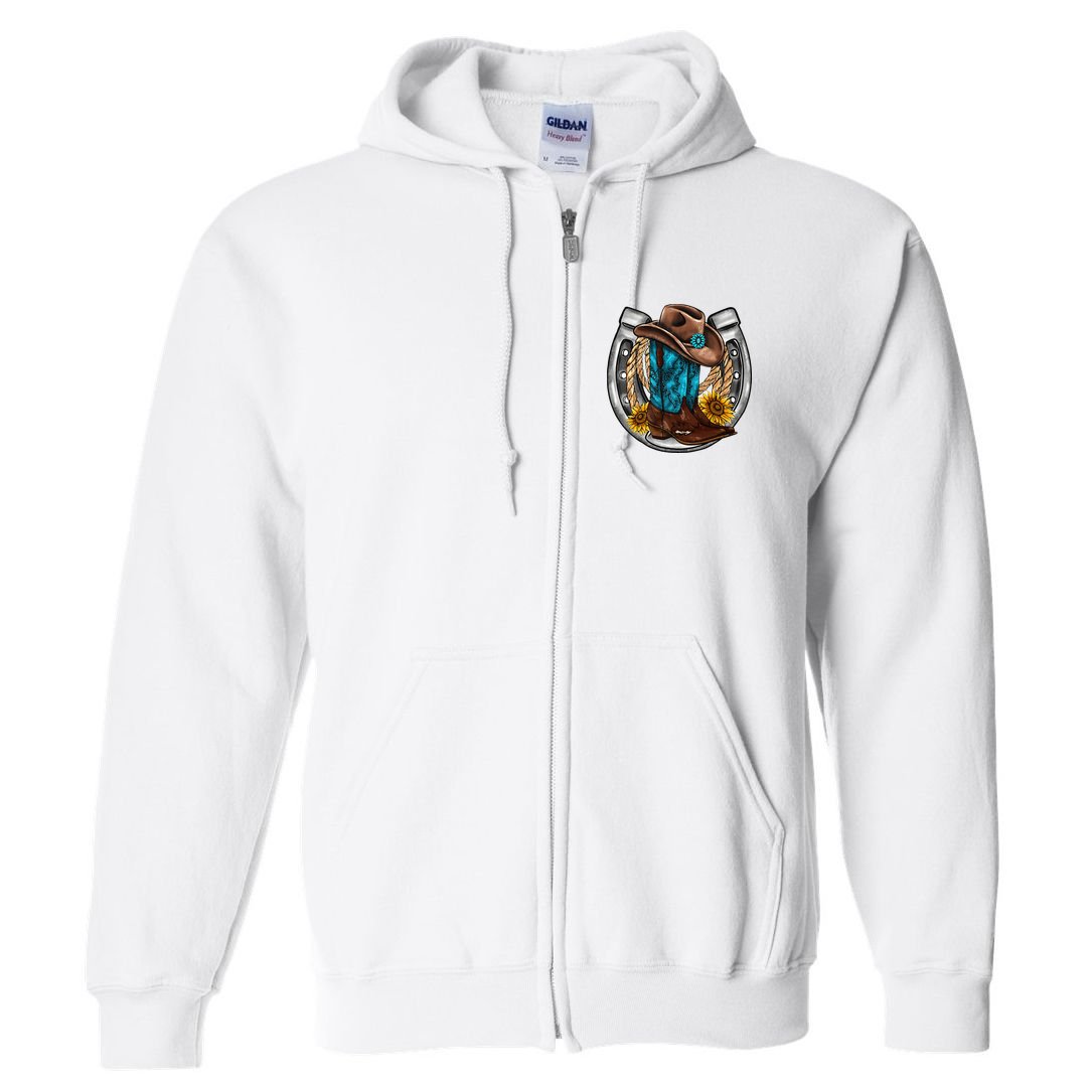 Western Horseshoe Cowboy Boots Hat Rope Sunflower Rodeo Dad Full Zip Hoodie