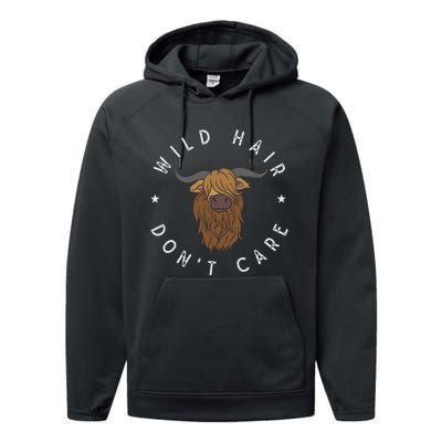 Wild Hair Dont Care Funny Scottish Farmer Gift Highland Cow Performance Fleece Hoodie