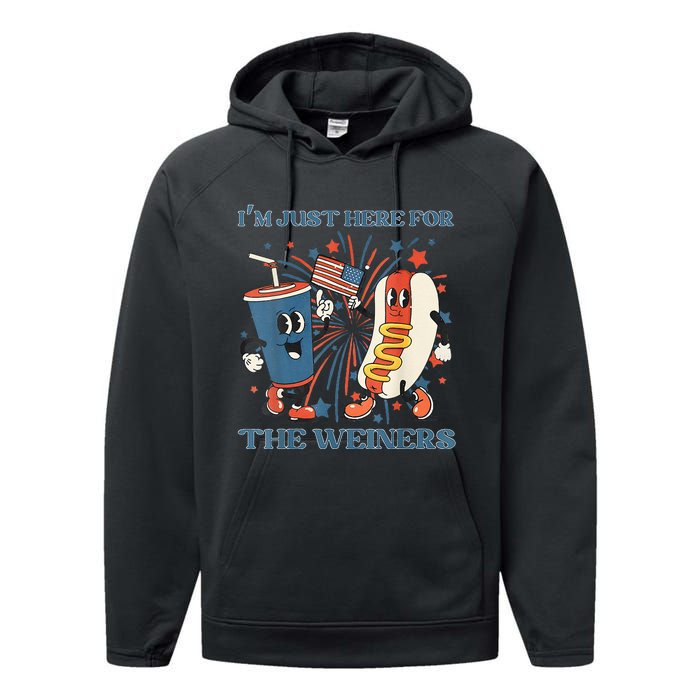 Womens Hot Dog Im Just Here For The Wieners 4Th Of July Performance Fleece Hoodie