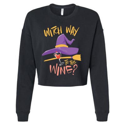 Women Halloween Drinking Witch Way To The Wine Long Sleeve Cropped Pullover Crew