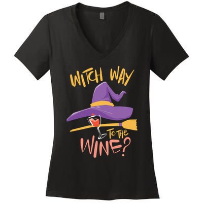 Women Halloween Drinking Witch Way To The Wine Long Sleeve Women's V-Neck T-Shirt