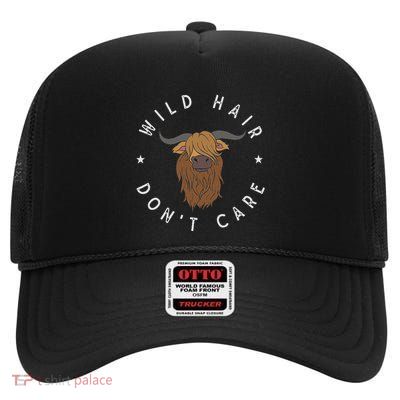 Wild Hair Dont Care Funny Scottish Farmer Gift Highland Cow High Crown Mesh Back Trucker Hat