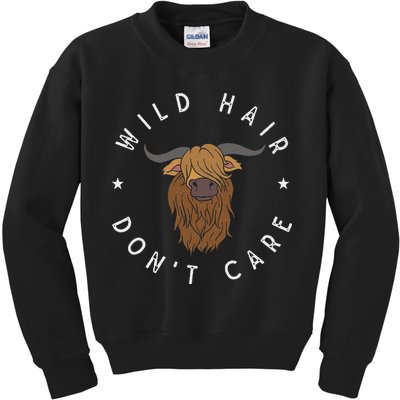 Wild Hair Dont Care Funny Scottish Farmer Gift Highland Cow Kids Sweatshirt
