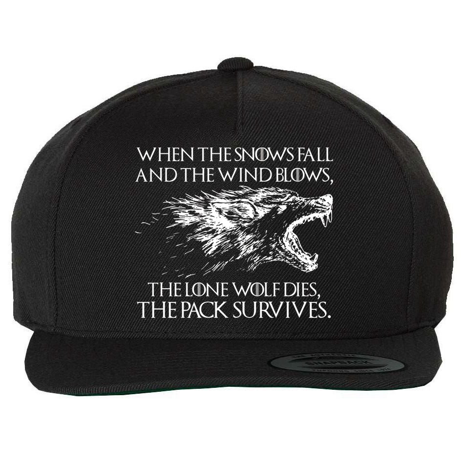 When The Snows Fall The Lone Wolf Dies But the Pack Survives Logo Wool Snapback Cap