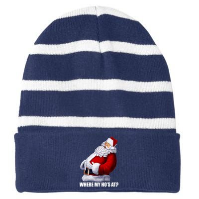 Where My Ho's At? Santa Quote Striped Beanie with Solid Band