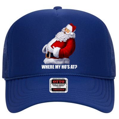 Where My Ho's At? Santa Quote High Crown Mesh Back Trucker Hat