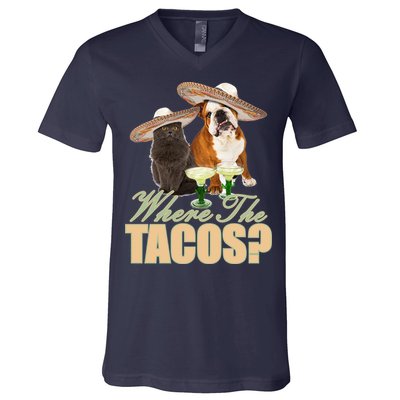 Where The Tacos? Cat Dog V-Neck T-Shirt