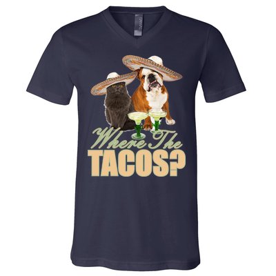 Where The Tacos? Cat Dog V-Neck T-Shirt